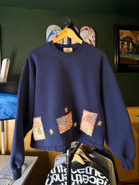 VTG Jerzees Boohoo USA Flags Stars Americana Crewneck Flag Patchwork Sweatshirt